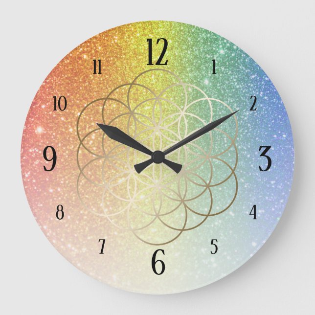 Flower of Life Gold on Rainbow Glitter Gradient Large Clock (Front)