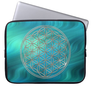 FLOWER OF LIFE - gold + silver + blue waves Laptop Sleeve