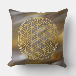 FLOWER OF LIFE - gold + silver + waves BG Outdoor Cushion