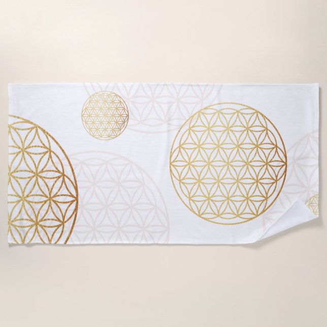 Flower of life gold white beach towel (Front)