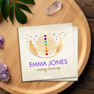 Flower of life, healing hands, chakras square business card