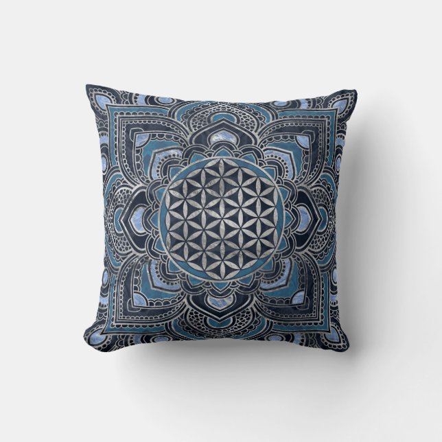 Flower of Life in Lotus - Blue Crystal and Silver Cushion (Front)