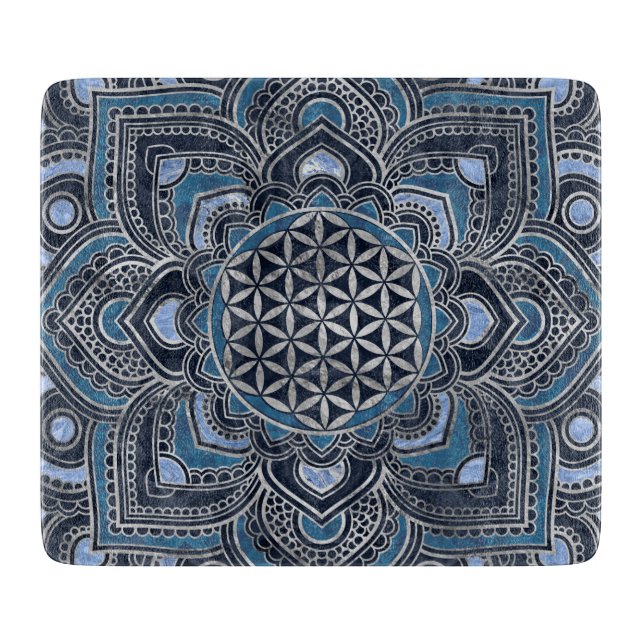 Flower of Life in Lotus - Blue Crystal and Silver Cutting Board (Front)