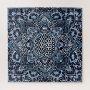 Flower of Life in Lotus - Blue Crystal and Silver Jigsaw Puzzle