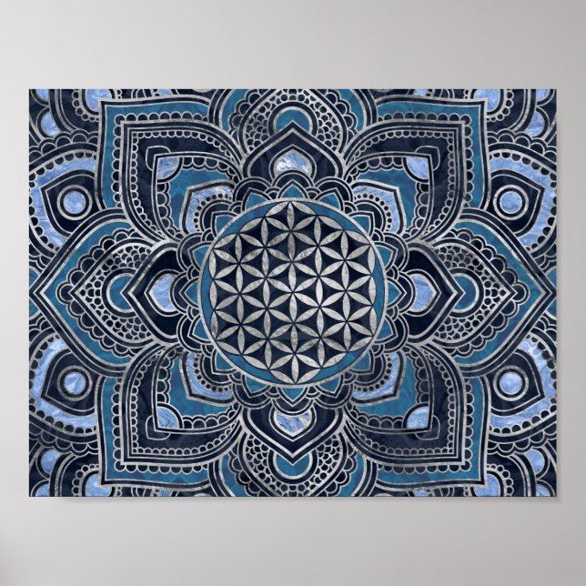 Flower of Life in Lotus - Blue Crystal and Silver Poster (Front)