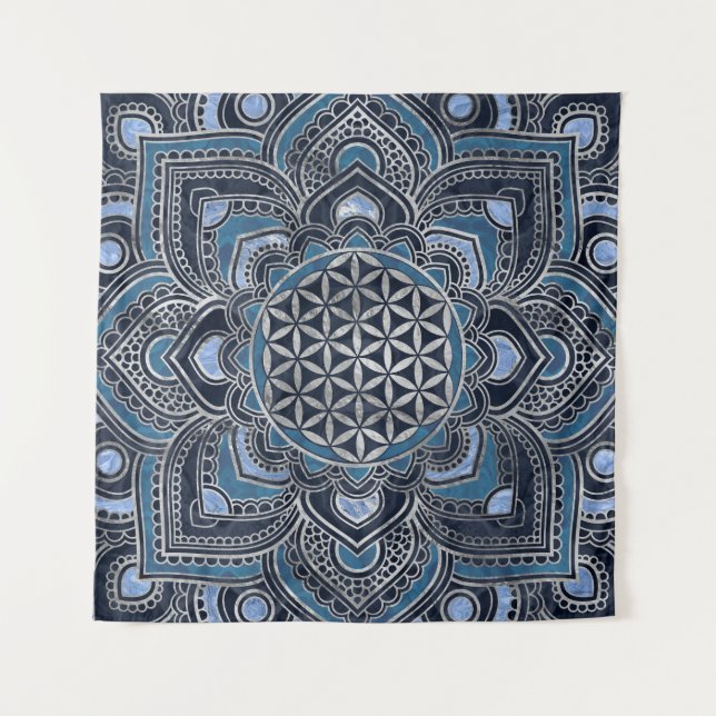 Flower of Life in Lotus - Blue Crystal and Silver Tapestry (Front)