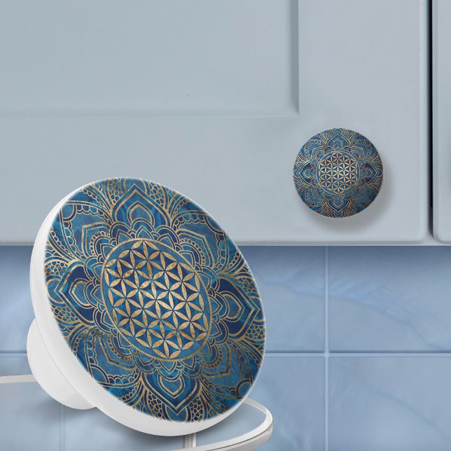 Flower of Life in Lotus - Blue Marble and Gold Ceramic Knob (Creator Uploaded)