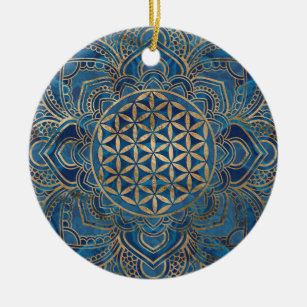 Flower of Life in Lotus - Blue Marble and Gold Ceramic Ornament