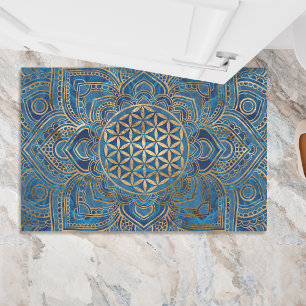 Flower of Life in Lotus - Blue Marble and Gold Doormat