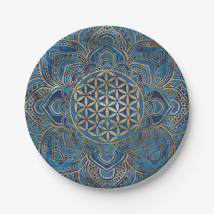 Flower of Life in Lotus - Blue Marble and Gold Paper Plate