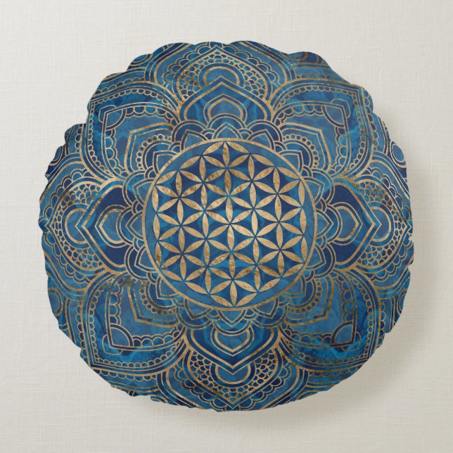 Flower of Life in Lotus - Blue Marble and Gold Round Cushion (Front)