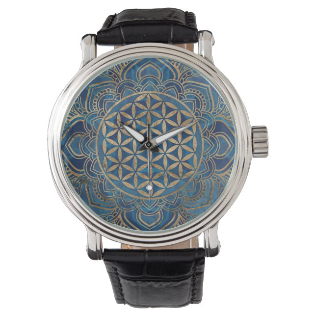 Flower of Life in Lotus - Blue Marble and Gold Watch (Front)