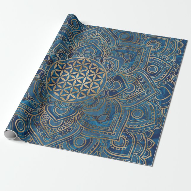 Flower of Life in Lotus - Blue Marble and Gold Wrapping Paper (Unrolled)