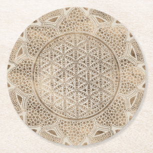 Flower of Life in Lotus Dot Art pastel golds Round Paper Coaster