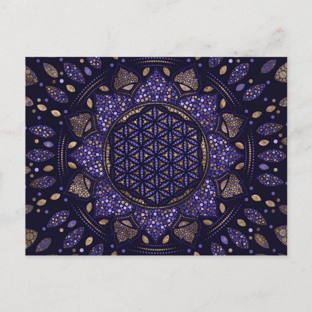 Flower of Life in Lotus Dot Art purples and gold Postcard (Front)