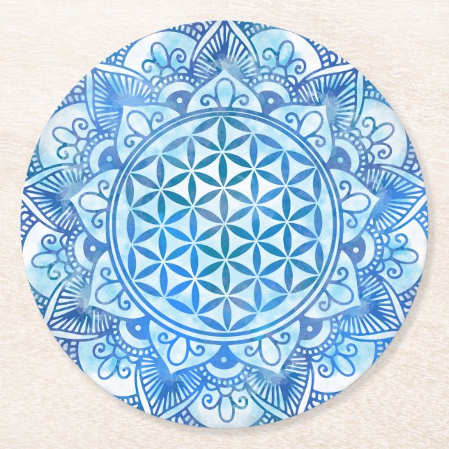 Flower of Life in Lotus - Gentle Sky Blue Round Paper Coaster (Front)