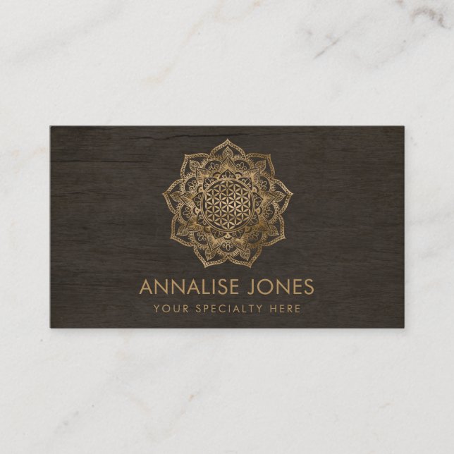 Flower of Life in Lotus - golden on wood Business Card (Front)