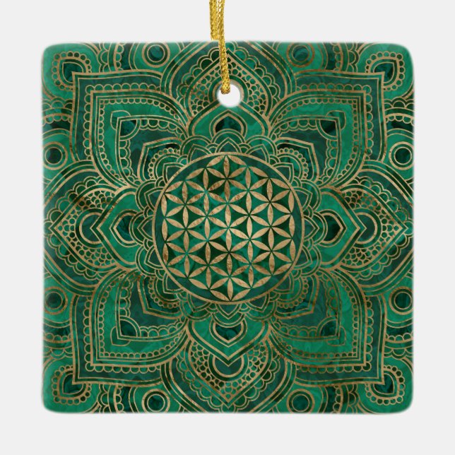 Flower of Life in Lotus - Malachite and gold Ceramic Ornament (Front)