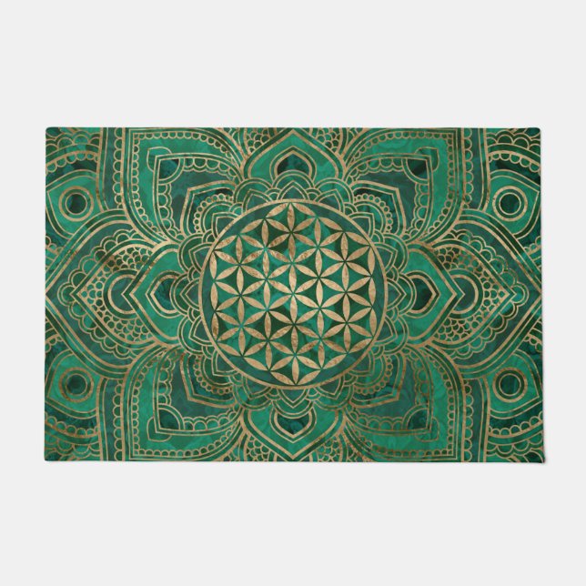 Flower of Life in Lotus - Malachite and gold Doormat (Front)