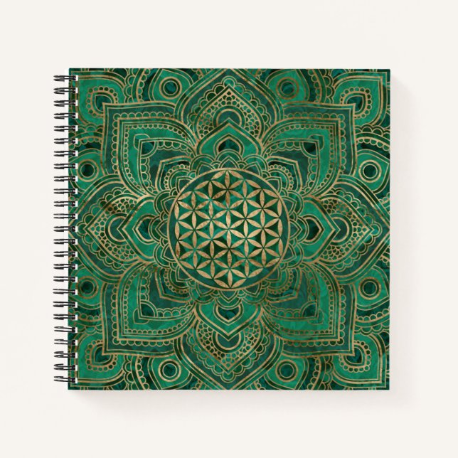 Flower of Life in Lotus - Malachite and gold Notebook (Front)