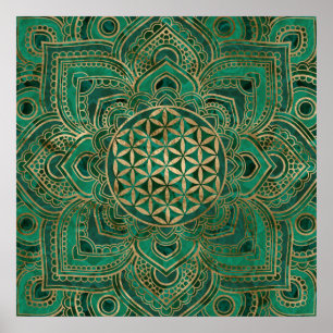Flower of Life in Lotus - Malachite and gold Poster