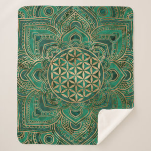 Flower of Life in Lotus - Malachite and gold Sherpa Blanket