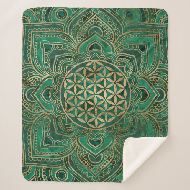 Flower of Life in Lotus - Malachite and gold Sherpa Blanket (Front)