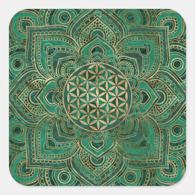 Flower of Life in Lotus - Malachite and gold Square Sticker (Front)
