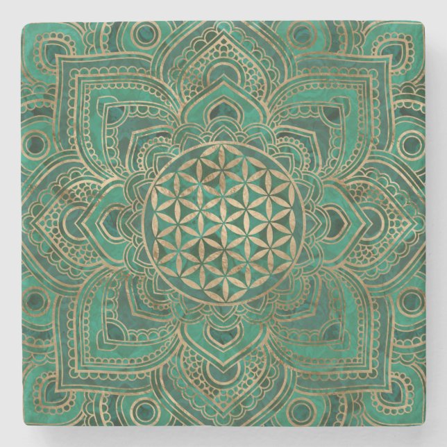 Flower of Life in Lotus - Malachite and gold Stone Coaster (Front)