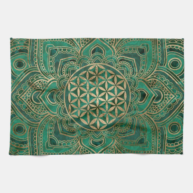 Flower of Life in Lotus - Malachite and gold Tea Towel (Horizontal)