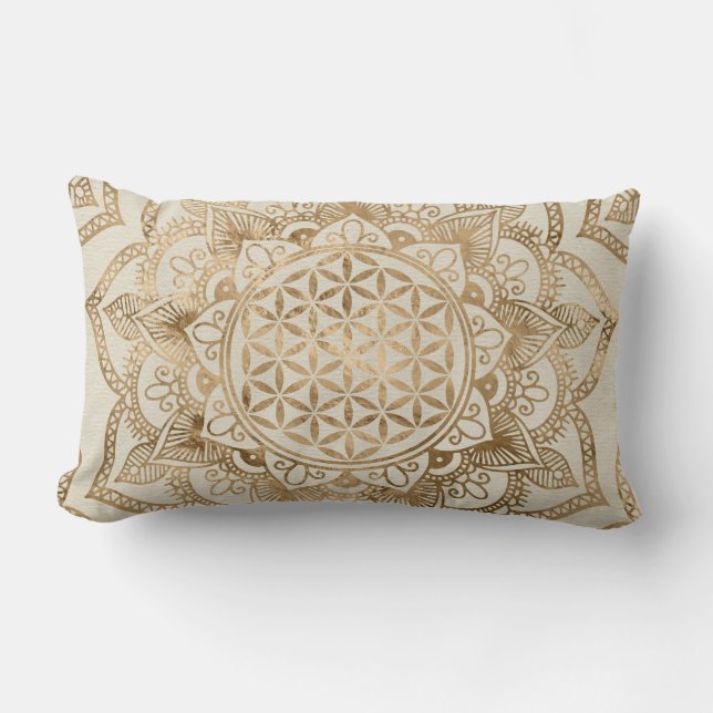 Flower of Life in Lotus - pastel golds and canvas Lumbar Cushion (Front)