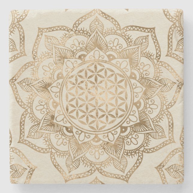 Flower of Life in Lotus - pastel golds and canvas Stone Coaster (Front)