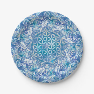 Flower of Life in Lotus - Watercolor Blue Paper Plate