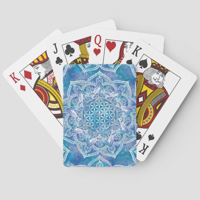 Flower of Life in Lotus - Watercolor Blue Playing Cards (Back)
