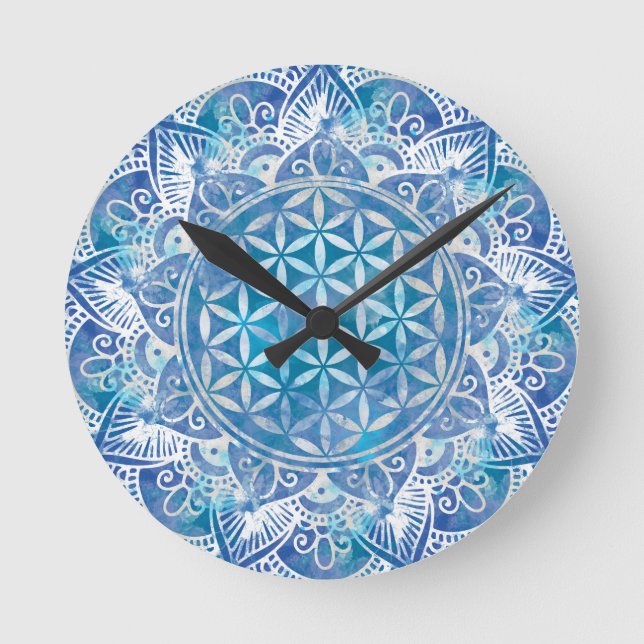 Flower of Life in Lotus - Watercolor Blue Round Clock (Front)