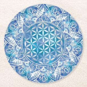 Flower of Life in Lotus - Watercolor Blue Round Paper Coaster