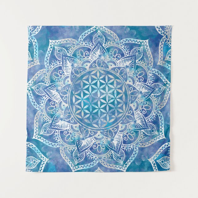 Flower of Life in Lotus - Watercolor Blue Tapestry (Front)