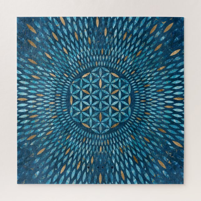 Flower of Life in petals - Blue Marble and Gold Jigsaw Puzzle (Vertical)