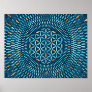 Flower of Life in petals - Blue Marble and Gold Poster