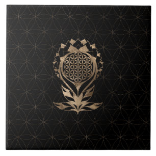 Flower of Life Lotus - Black and Gold Ceramic Tile