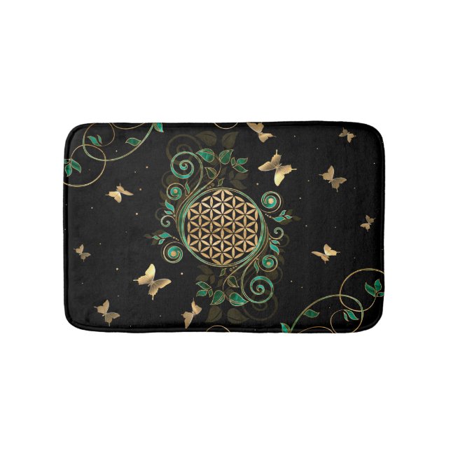 Flower of Life  - Malachite Swirl and Butterflies Bath Mat (Front)