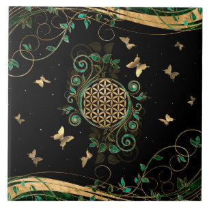 Flower of Life  - Malachite Swirl and Butterflies Ceramic Tile