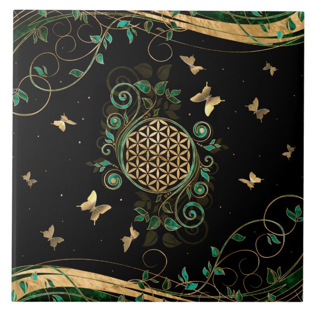 Flower of Life  - Malachite Swirl and Butterflies Ceramic Tile (Front)