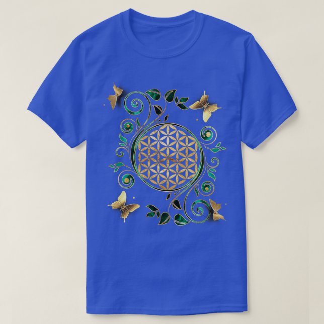 Flower of Life Malachite Swirl and Butterflies T-Shirt (Design Front)