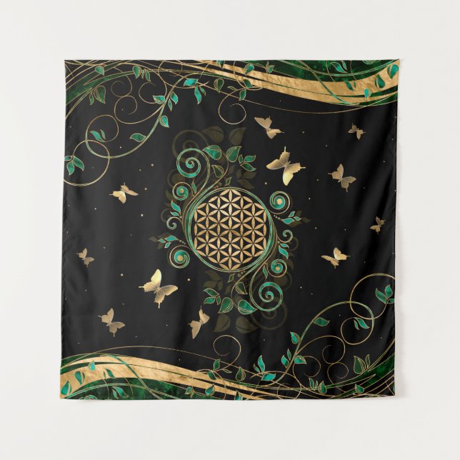 Flower of Life  - Malachite Swirl and Butterflies Tapestry (Front)