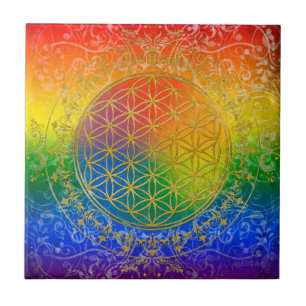 Flower of Life - Ornament Rainbow gold Ceramic Tile