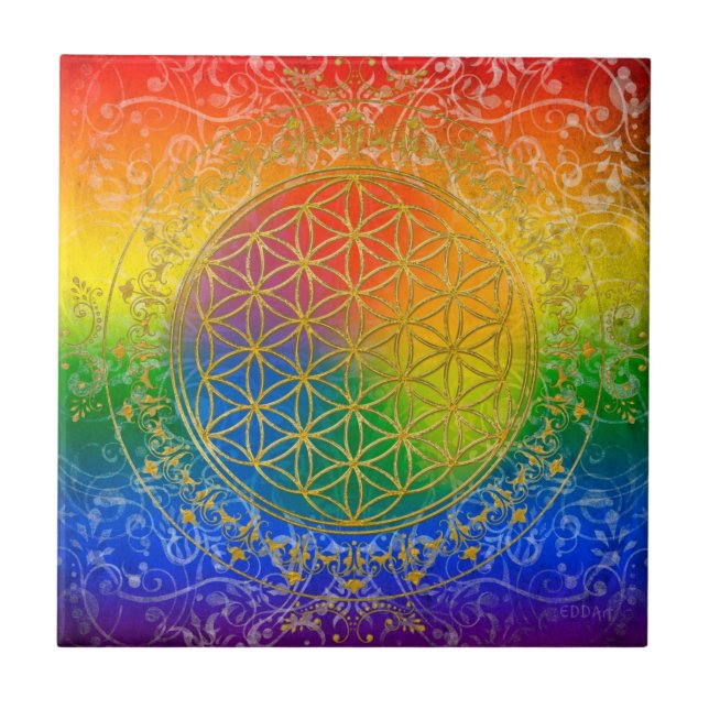Flower of Life - Ornament Rainbow gold Ceramic Tile (Front)