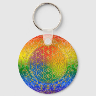 Flower of Life - Ornament Rainbow gold Key Ring