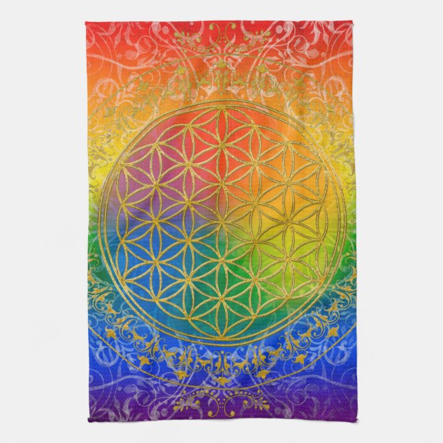 Flower of Life - Ornament Rainbow gold Tea Towel (Vertical)