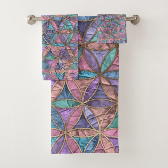Flower of life pattern - acrylic texture and gold bath towel set (Insitu)